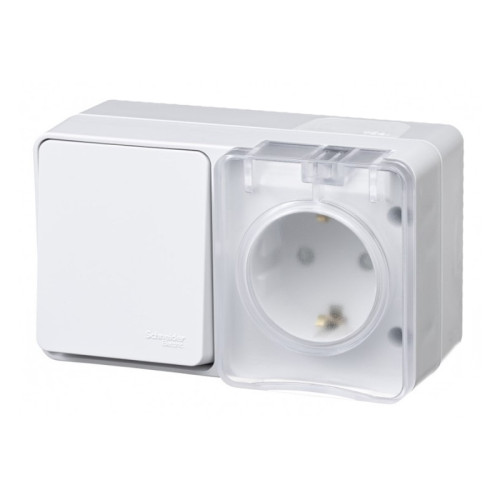 Блок БКВР с/у Atlasdesign Profi ATN544070, 1 клавиша + 1 гнездо с/з, з/ш и крышкой, IP54, белый