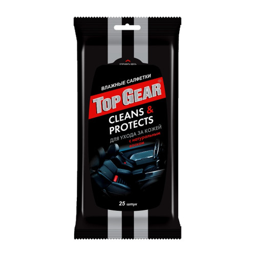 Салфетки влажные для кожи автомобиля Top Gear с натуральным воском (25 шт)